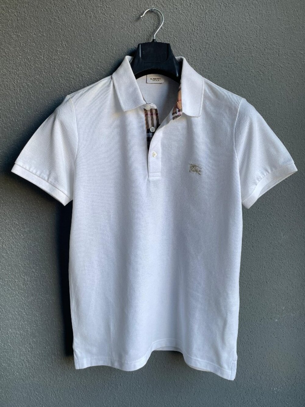 Burberry Men's White Polo Shirt Nova Check Placket Short Sleeve Cotton Small
